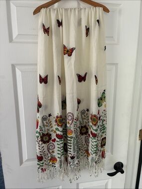 Pashmina Head Wrap Scarf Cream Fabric w/Butterflies & Flowers Fringe
